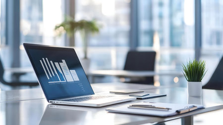 Laptop showing financial charts on a modern office desk.の写真素材