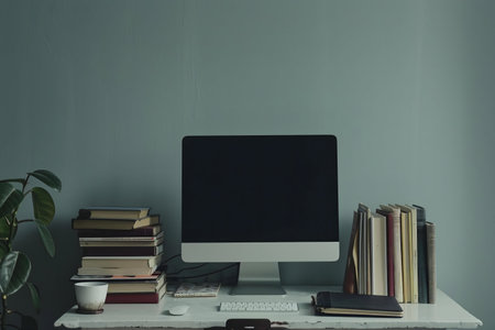 A minimalist home office setup featuring a computer, stacks of books, and a plant. Peaceful and organized.の写真素材