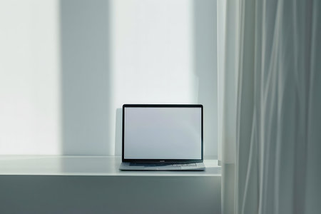 A laptop sits on a minimalist desk near a window, bathed in sunlight.の写真素材