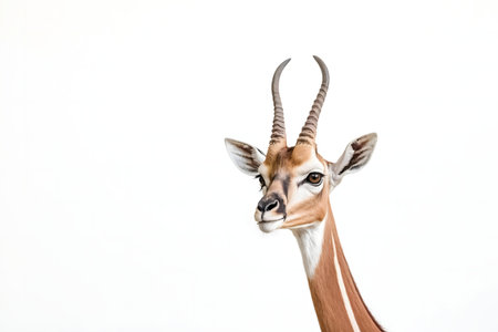 Close-up portrait of an Arabian gazelle against a pure white backdrop, showing its elegant features and natural grace.の写真素材