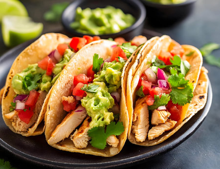 Close-up of three delicious chicken tacos with fresh avocado, salsa, and cilantro.の写真素材