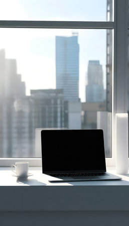The laptop sits on a windowsill with a bright city view