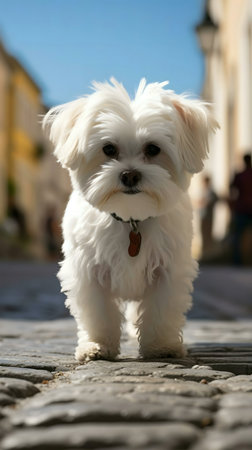 A fluffy white Maltese puppy stands on a cobblestone street. It's a sunny day.の写真素材