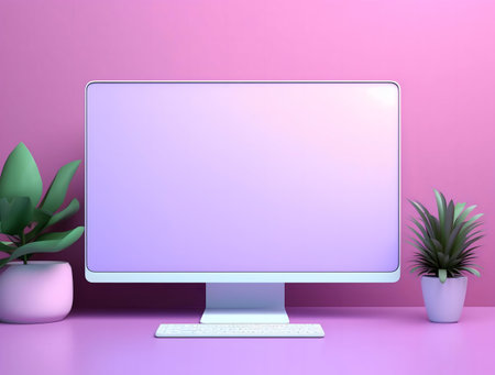 Modern minimalist workspace with pastel pink background. Features a computer, keyboard and plants.の写真素材