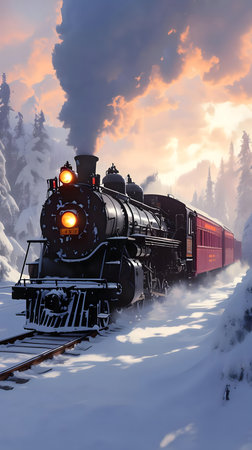 A nostalgic steam train chugs through a snowy mountain pass at sunset.