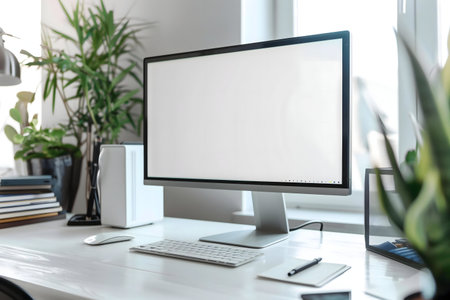 Clean modern workspace featuring a blank computer screen, keyboard, mouse and house plants.の写真素材