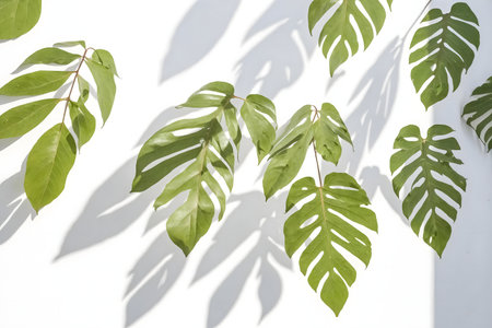 Green tropical leaves cast shadows on white. Clean, minimal aesthetic.