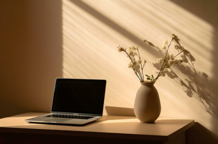 A minimalist workspace featuring a laptop, flowers in a vase, and sunlight streaming through a...