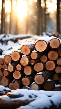 Snow-covered logs in a winter forest at sunset. A beautiful nature scene.の写真素材