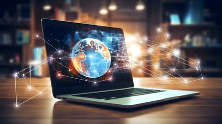 A laptop showcases a digital globe, illustrating global connectivity and networking