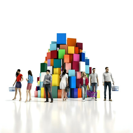 Diverse shoppers approach a mountain of colorful blocks, symbolizing abundant product choices.の写真素材