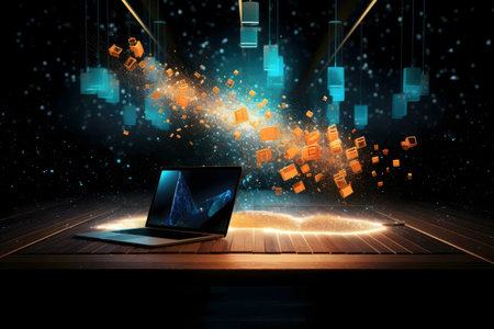 A laptop displays a data stream of glowing cubes, symbolizing digital transformation.