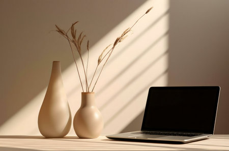 A peaceful workspace featuring a laptop, two beige vases with dried plants, bathed in soft sunlight.の写真素材