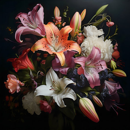 A vibrant bouquet of lilies and other flowers in a dark setting. Rich colors and detailed textures.の写真素材