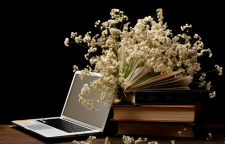 A tranquil scene featuring an open book, laptop, and a delicate bouquet of white flowers. Peaceful and studious atmosphere.の写真素材