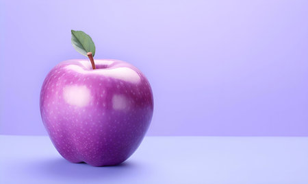 A single, vibrant purple apple sits against a soft lavender background. The image showcases the fruit's unique color and form.の写真素材