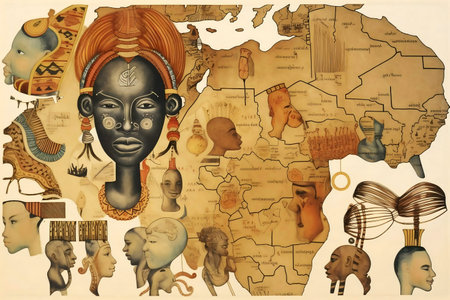 A striking collage showcasing African culture and history, featuring a central female portrait and various historical and cultural elements.の写真素材