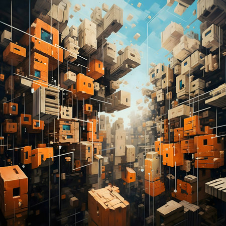 A vibrant digital cityscape, composed of intricately interconnected cubes and geometric structures,...