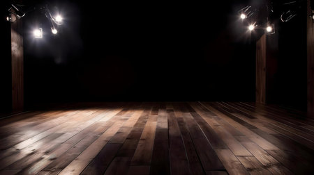A dimly lit stage with a wooden floor and spotlights.の写真素材