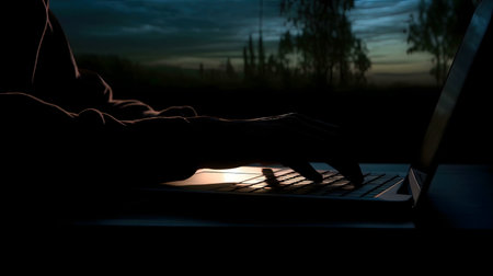 Silhouette of hands typing on laptop at dusk. Mysterious digital scene.の写真素材