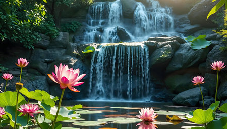 Pink lotus flowers bloom serenely beside a cascading waterfall in a lush garden.の写真素材