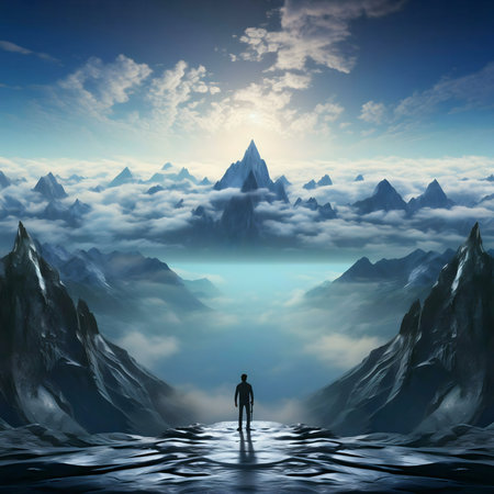 A lone man stands overlooking a breathtaking mountain range shrouded in mist and clouds, conveying a...
