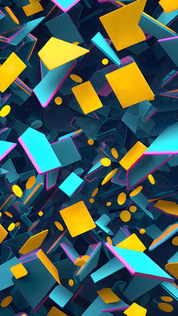 Abstract image featuring a multitude of vibrant, 3D geometric shapes.の写真素材