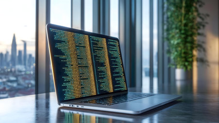 A laptop displaying lines of code sits on a desk near a window overlooking a city.の写真素材