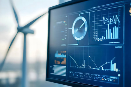A close-up view of a monitor displaying real-time data from a wind energy farm. Graphs and charts illustrate energy production and system performance.の写真素材