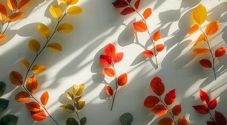 Vibrant autumn leaves arranged on a white background. Sunlit shadows enhance the colors.