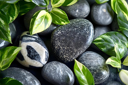 Tranquil zen garden scene. Smooth gray stones and vibrant green leaves create a peaceful atmosphere.の写真素材