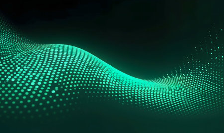 Abstract digital art featuring a teal wave of dots on a dark background. Glowing, stylish design.の写真素材