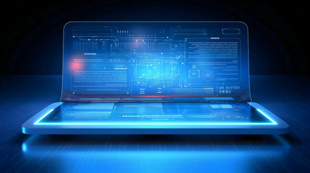 A futuristic transparent laptop showcasing a complex digital interface and data streams.の写真素材