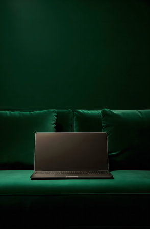 A laptop rests on a luxurious emerald green velvet sofa. Dark, moody atmosphere.の写真素材