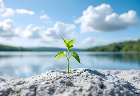 A small green plant emerges from the rocky shore of a tranquil lake under a bright, sunny sky.の写真素材