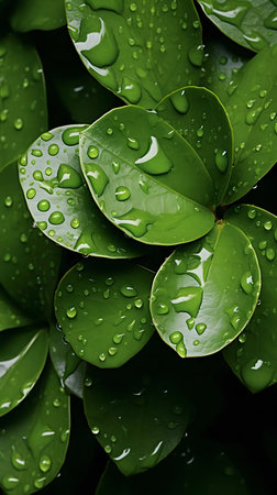 Close-up view of vibrant green leaves glistening with dew drops.