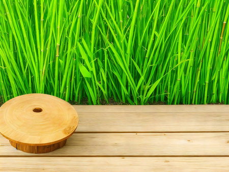 A tranquil scene of a wooden platform next to a vibrant green bamboo backdrop. Evokes feelings of peace and serenity.の写真素材