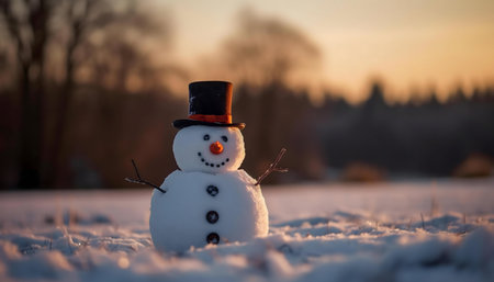 A cheerful snowman stands in a snowy field at sunset.
