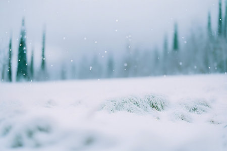 A serene winter scene with snowfall over a snowy field and trees in the background.の写真素材