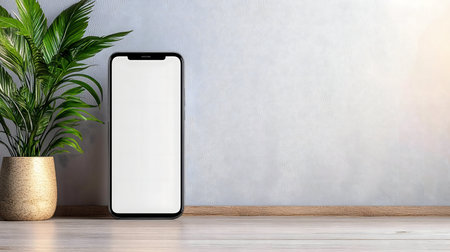 Clean mockup of a smartphone with a blank screen, placed on a wooden surface, next to a potted plant.の写真素材