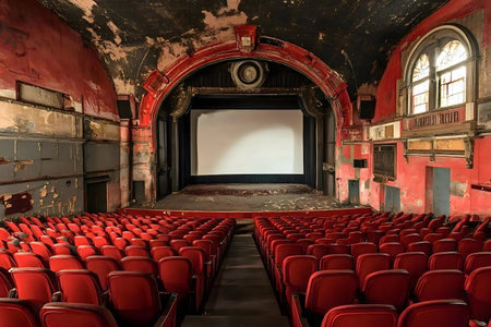 An abandoned cinema, red seats, empty stage, decaying interiorの写真素材