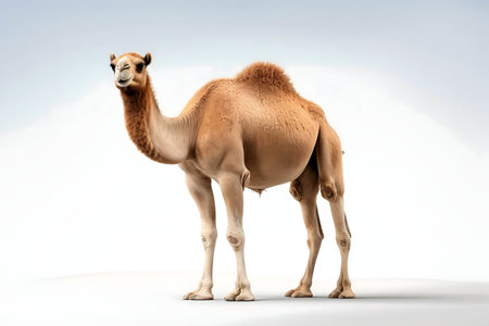 A single dromedary camel stands against a stark white backdrop. Its coat is a beautiful light brown. The photo is a clean studio portrait.の写真素材