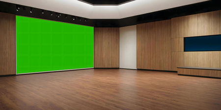 Empty modern studio with green screen and wooden walls, ideal for broadcasting or video production.