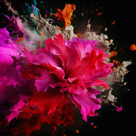 A vivid explosion of paint depicting a flower. Rich colors and dynamic forms.