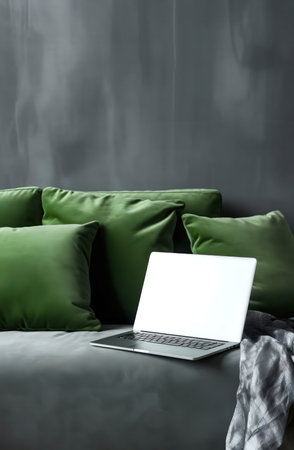 A laptop rests on a comfy sofa with green cushions. A serene, minimalist home setting.の写真素材