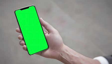 A hand holding a smartphone with a green screen. Perfect for mockup.の写真素材