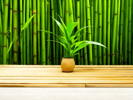 A small plant in a pot sits on a wooden table, with a dense bamboo grove as the background. The image evokes feelings of peace and tranquility.の写真素材