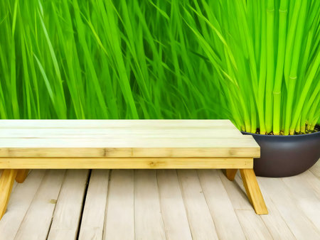 Wooden table against vibrant green bamboo backdrop. Perfect for product displayの写真素材