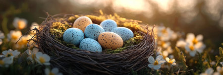 Pastel eggs in a cozy bird's nest, surrounded by springtime flowers.