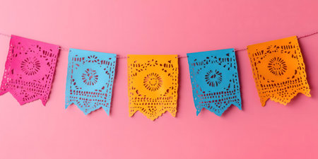 Colorful Papel Picado banner hanging against a pink backdrop. Perfect for festive occasions.の写真素材